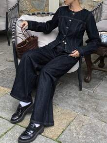 Livesso Women's Casual Denim Suit, Crew Neck Top And Pants, Autumn/Winter