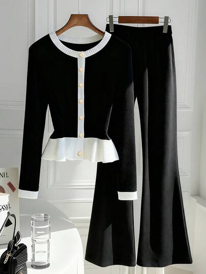 GlowEve 2025 Women's Autumn/Winter New Ruffled Single-Breasted Long Sleeve Top And Flared Pants Set