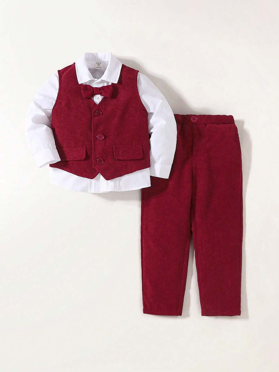 Maija Kids Ensemble costume de gentleman pour garçon avec chemise à col blanc à manches longues, gilet bordeaux, pantalon long et nœud papillon. Vêtements d'automne-hiver pour filles - Rouge foncé - Voir 1
