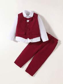 Maija Kids Ensemble costume de gentleman pour garçon avec chemise à col blanc à manches longues, gilet bordeaux, pantalon long et nœud papillon. Vêtements d'automne-hiver pour filles - Rouge foncé - Voir 3