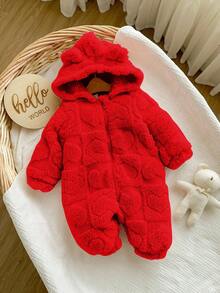 Newborn Baby Girl Cute 3D Ear Fluffy Pink Heart Pattern Zip-Up Hooded Jumpsuit, Autumn/Winter - Red - View 6