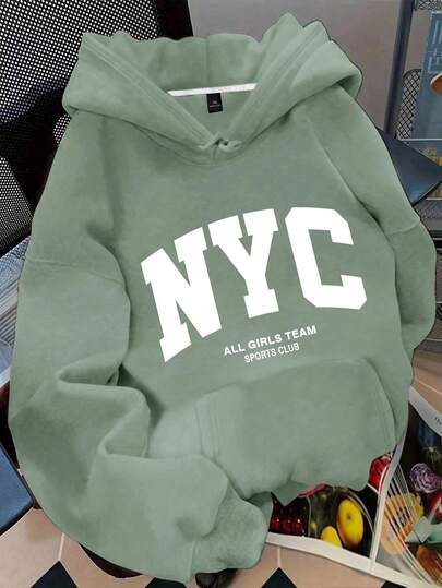 SHEIN MOOSTA Plus Size Women's Slogan Letter 'NYC ALL GIRLS TEAM SPORTS CLUB' City Name Graphic Print Thermal Drawstring Sweatshirt Winter Fall Autumn