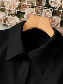 SHEIN LUNE Áo sơ mi nữ tay dài cài nút phía trước, dáng rộng, thường ngày, ngày lễ, áo cánh chắp vá cỡ lớn - màu đen - Xem 3