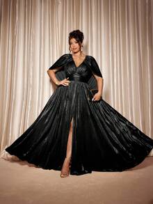 Cravure 大码女士正式长款晚礼服，前开衩设计，金色亮片V领披肩礼服，金属面料大码连衣裙，披肩领设计，收腰剪裁，奢华显瘦，优雅迷人。 - 黑色 - 查看 8