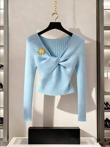SHEIN LUNE French-Style Light Blue Women's Autumn Elegant V-Neck Long-Sleeved Pullover, Metallic Embellishments, Ribbed Twist Slim Fit Knit Top For Tea Party - Blue - View 1