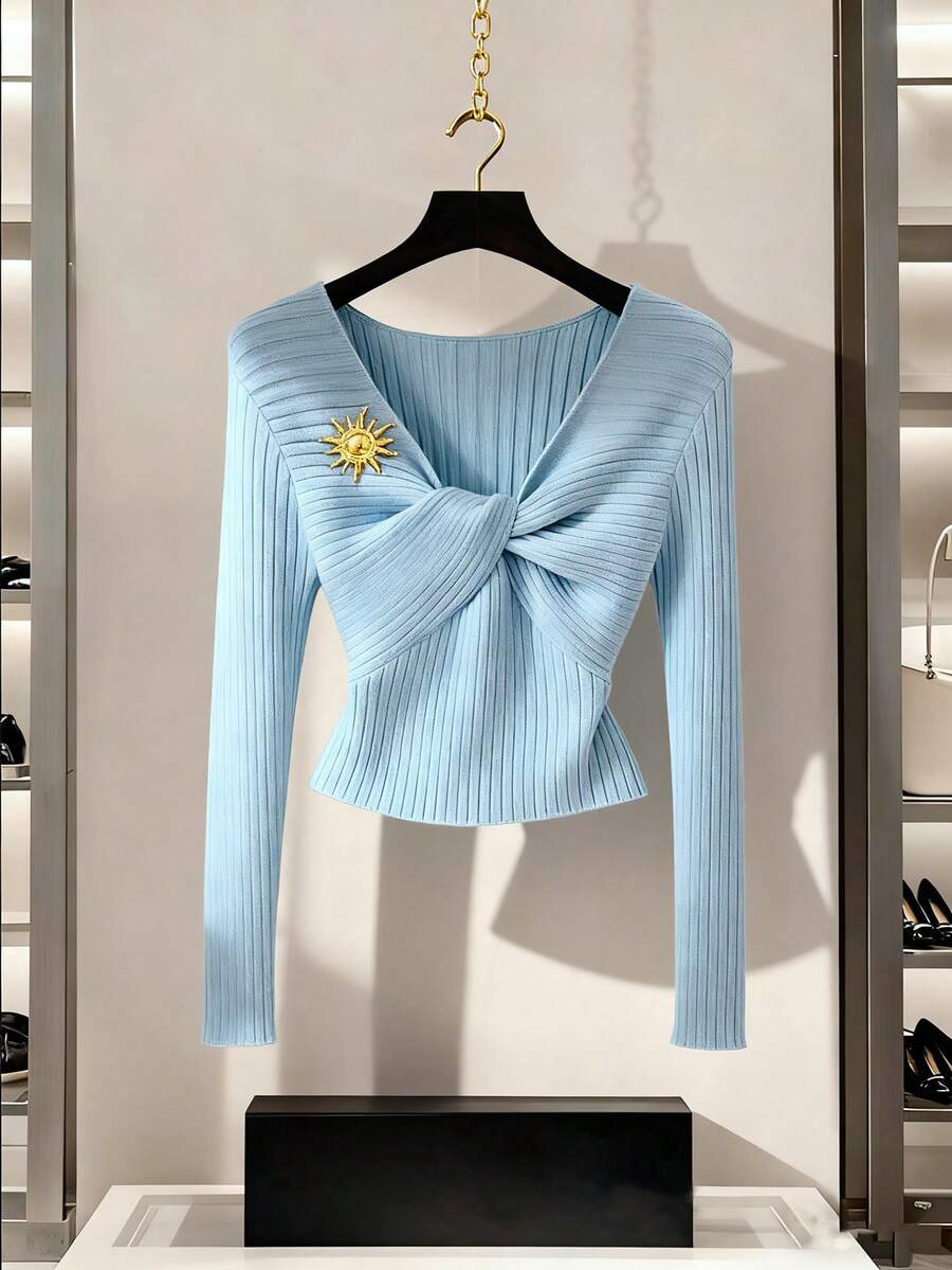 SHEIN LUNE French-Style Light Blue Women's Autumn Elegant V-Neck Long-Sleeved Pullover, Metallic Embellishments, Ribbed Twist Slim Fit Knit Top For Tea Party - Blue - View 1