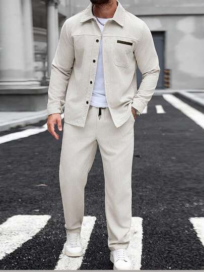 Manfinity Homme Plus-Size Apricot Corduroy Men's Business Suit, Featuring Collar And Pocket Details, Street-Style Men's Corduroy Two Pieces Coat & Pants Set Men Casual Suit 2 Pieces Leisure Suits Summer Suit For Men Beige Suit For Linen Suit, For Winter