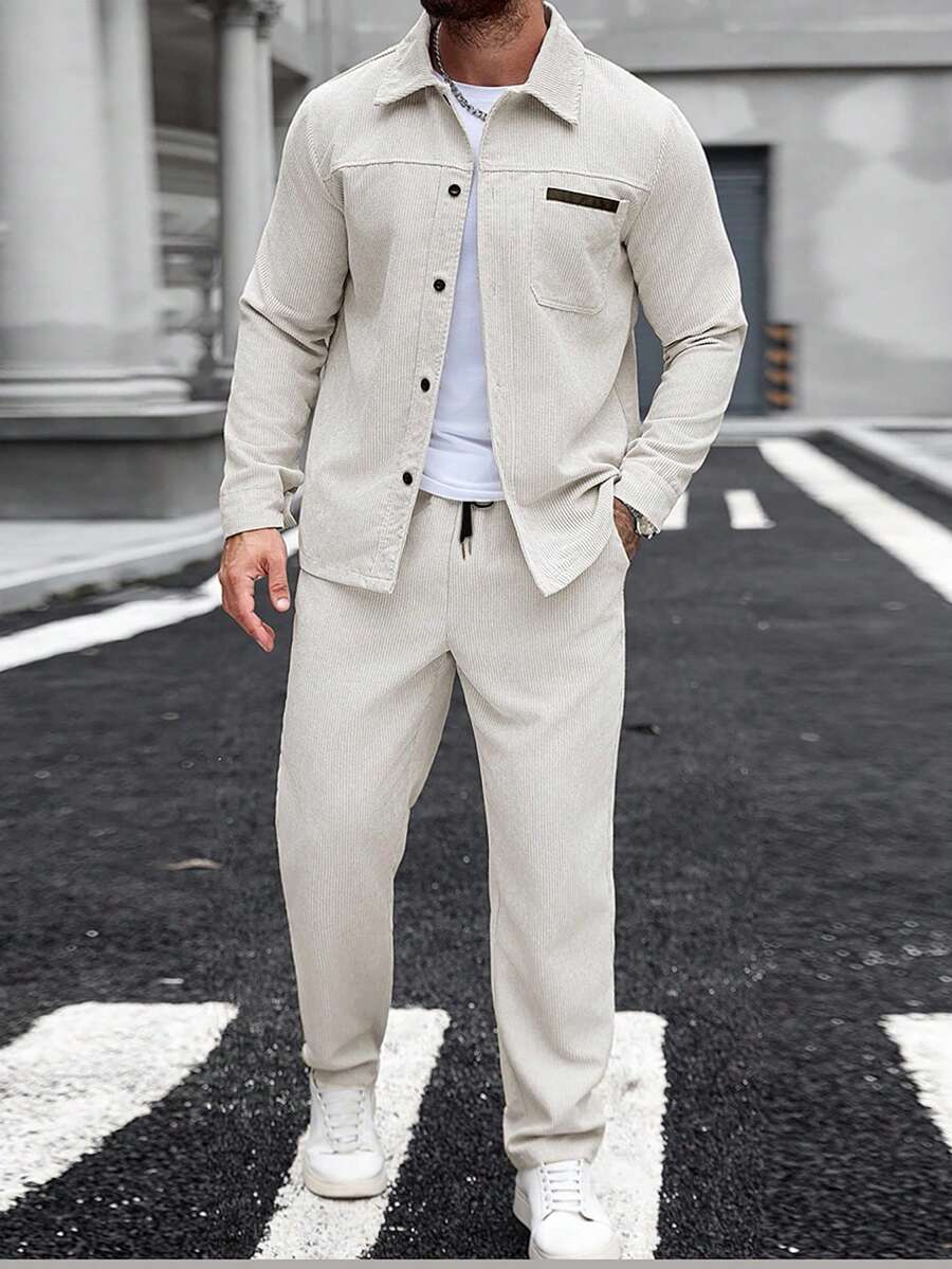 Manfinity Homme Plus-Size Apricot Corduroy Men's Business Suit, Featuring Collar And Pocket Details, Street-Style Men's Corduroy Two Pieces Coat & Pants Set Men Casual Suit 2 Pieces Leisure Suits Summer Suit For Men Beige Suit For Linen Suit, For Winter - Apricot - View 1