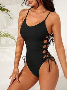 SHEIN Swim 1 bộ đồ bơi liền thân dây mảnh màu trơn dành cho nữ, thích hợp cho kỳ nghỉ ở bãi biển - màu đen - Xem 5