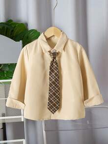 SHEIN 3件套幼儿男童休闲针织V领背心+休闲衬衫+梭织长裤，时尚百搭，多种穿搭选择，适合日常外出，秋冬季穿着