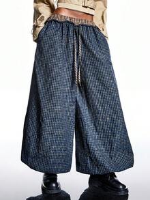 LYSMO 2026 New Arrive Minimalism Spring/Summer  Women's Drawstring Waist Pocket Plaid Wide Leg Loose Casual Pants - Multicolor - View 3