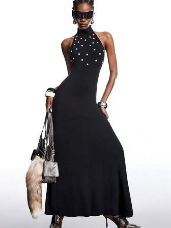 LYSMO Vestido de mujer de unicolor con diseño de botones y espalda descubierta