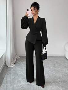 Elenzga Bộ quần ống loe dáng chữ A, dáng suông, màu trơn, cổ bẻ không đều, thanh lịch, thoải mái khi đi làm, đi nghỉ, tiệc trà chiều dành cho nữ, phù hợp cho mùa xuân, thu, đông - màu đen - Xem 7