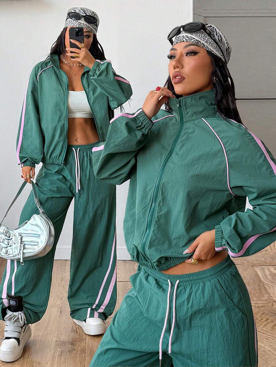 Coolane 冬季女式街头休闲复古运动服大学生舒适条纹纹理装饰健身绿长袖外套 - 墨綠色 - 查看 1