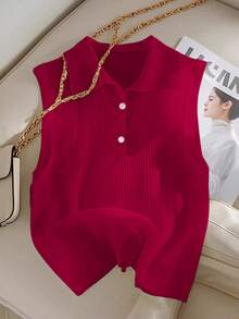 GlowEve 女士纯色 Polo 领休闲罗纹背心 - 紅色 - 查看 1