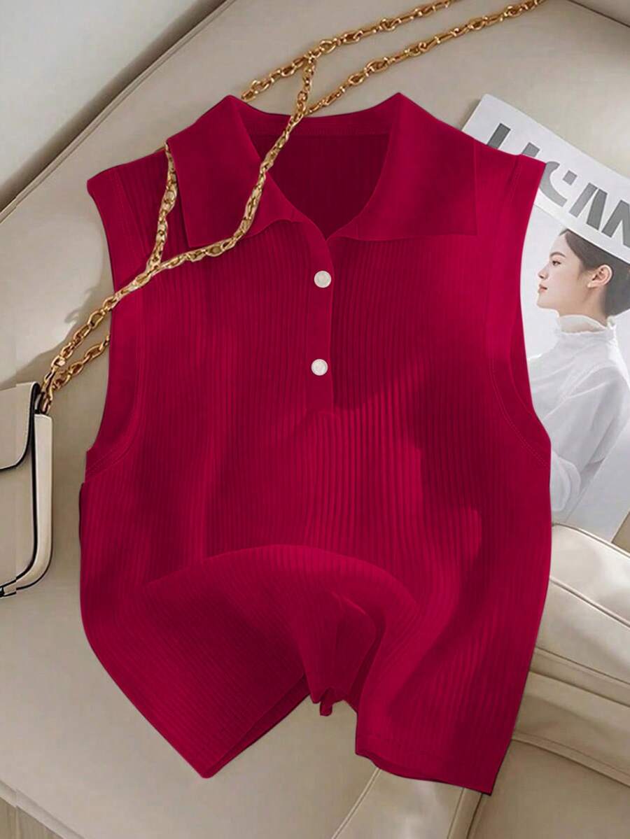 GlowEve 女士纯色 Polo 领休闲罗纹背心 - 紅色 - 查看 1
