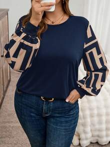 SHEIN LUNE 大码撞色灯笼袖休闲宽松上衣，秋冬假日款 - 寶藍色 - 查看 3