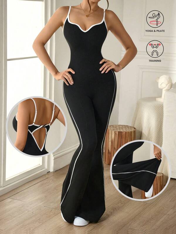 Slayoga 1 Peça Macacão Feminino Sem Costura com Gola Borboleta, Listras Contrastantes, Alça Ajustável, Torção nas Costas, para Ioga, Exercícios, Ginástica e Dança