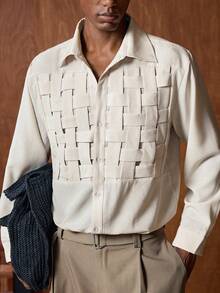 AKNOTIC 男士休闲浅卡其色长袖衬衫 - 卡其色 - 查看 4