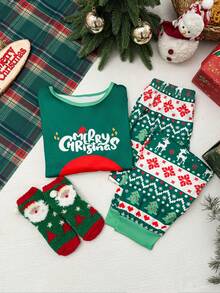 2pcs/Set Christmas Santa Claus Print Round Neck Long Sleeve T-Shirt + Pants Pajama Set, Girls Casual Loungewear Or Sleepwear For Autumn/Winter Christmas Pajamas For Girl And Boy Santa Pajamas Christmas Clothes Kids Kids Christmas Pajamas