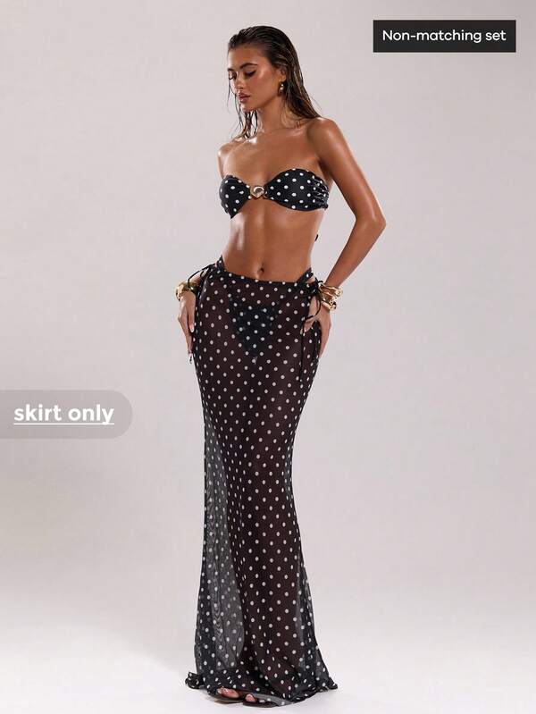 SHEIN BAE Traje de baño de cintura baja con cordón y estampado de lunares negros y blancos, elegante y sexy cover up, la seducción de un romance oscuro, concierto country