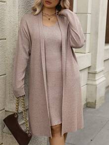 EMERY ROSE Plus Size Women Solid Color Drop Shoulder Long Sleeve Knitted Cardigan And Sleeveless Knitted Dress Casual Set, Autumn/Winter - Camel - View 4