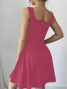 Elenzga Women's Square Neck Sleeveless A-Line Magenta Dress,Summer Elegant Graduation Textured Solid Color Ruched Hem Waist-Cinching Italian Style - Hot Pink - View 2