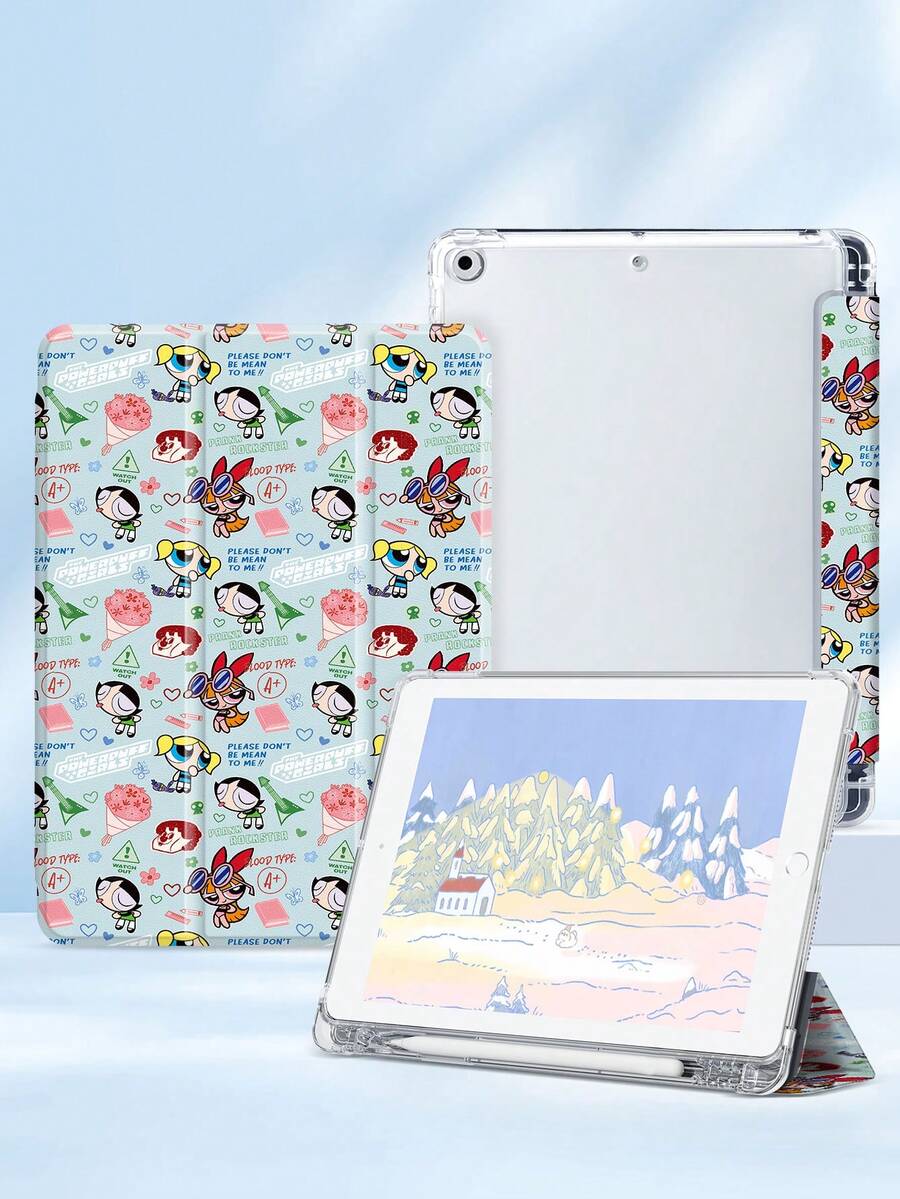 THE POWERPUFF GIRLS X SHEIN 可爱创意卡通联名款，高端质感，简约全透明，防震时尚平板电脑保护套，万圣节和圣诞节礼物，兼容三星 Galaxy Tab、iPad 10 代、iPad 7/8/9 代（10.2 英寸） - 彩色 - 查看 1