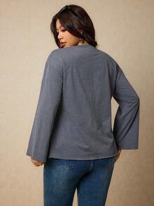 Elaquor Plus Size Casual Metal Decor Split Hem T-Shirt, Autumn