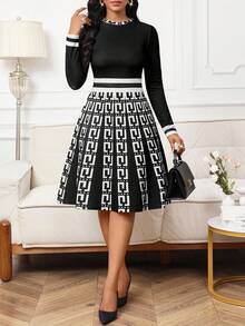 SHEIN Lady 女士几何印花圆领长袖优雅中长连衣裙 - 黑與白 - 查看 1