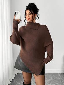 SHEIN PETITE CURVE 大码不对称蝙蝠袖高领长袖毛衣，咖啡色 - 巧克力棕 - 查看 3