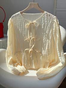 Comfortcana Áo sơ mi nữ đơn sắc, tối giản, buộc dây phía trước - Màu be - Xem 1