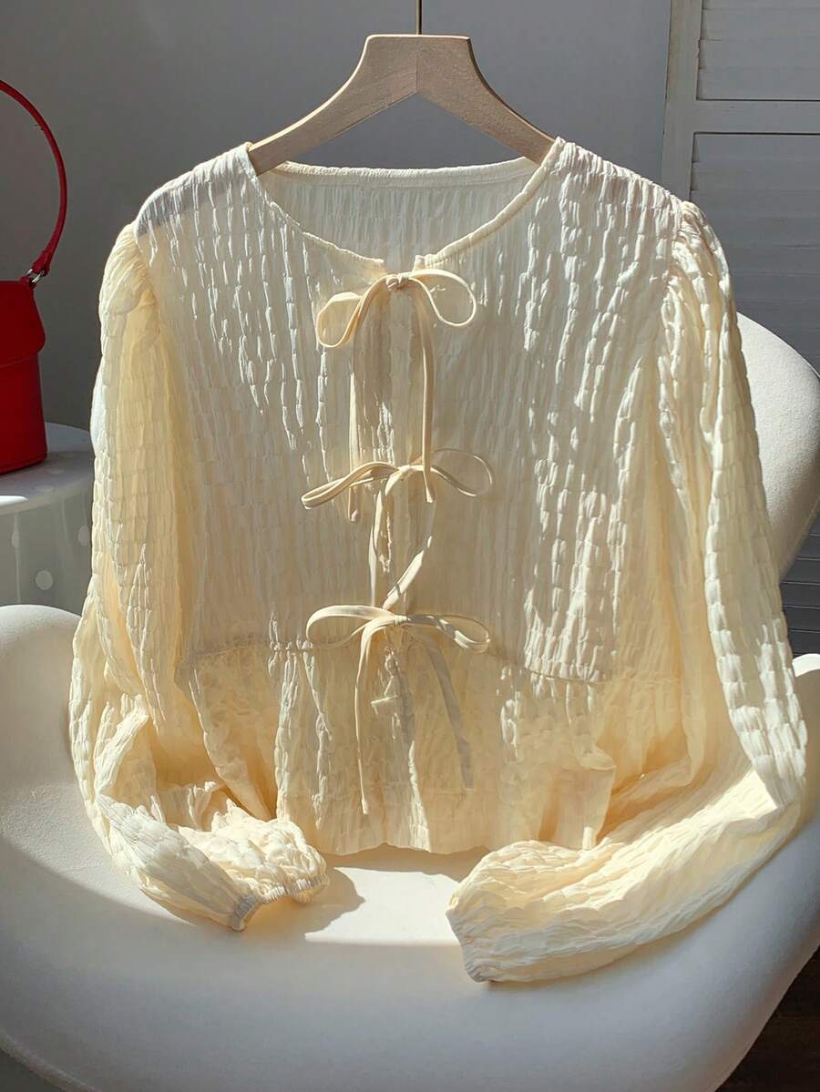 Comfortcana Áo sơ mi nữ đơn sắc, tối giản, buộc dây phía trước - Màu be - Xem 1