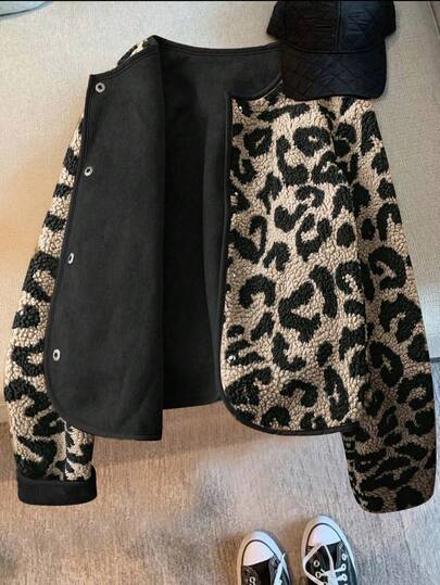 Arave Chaqueta de mujer de estampado de leopardo regular, cálida para otoño/invierno