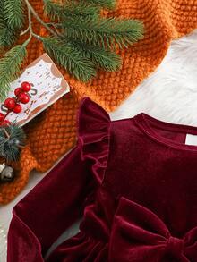 优雅丝绒绿色长袖连衣裙，圣诞派对礼服，圣诞礼物 - 酒紅色 - 查看 4