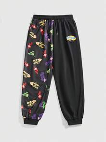 Teletubbies X ROMWE Plus Size Women Casual Cute Cartoon Letter Print Drawstring Waist Loose Jogger Sweatpants - Black - View 1