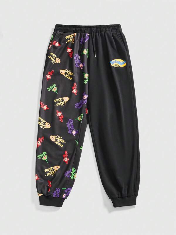 Teletubbies X ROMWE Plus Size Women Casual Cute Cartoon Letter Print Drawstring Waist Loose Jogger Sweatpants