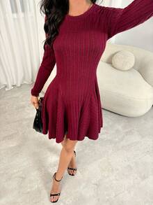 SHEIN Tall Váy ngắn tay dài cổ tròn màu trơn có gân dành cho ngày lễ tình nhân dành cho nữ/Màu đỏ tía, Trang phục năm mới cho nữ, Váy năm mới cho nữ, Váy dự tiệc năm mới, Váy cho nữ mùa đông - Màu Đỏ Sâu - Xem 6