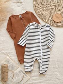 Vintaside Kids 2pcs Loomiva Newborn Baby Soft Knit Crew Neck Long Sleeve Romper Set, Solid & Striped Combo, Footed Jumpsuit, Infant - Multicolor - View 1