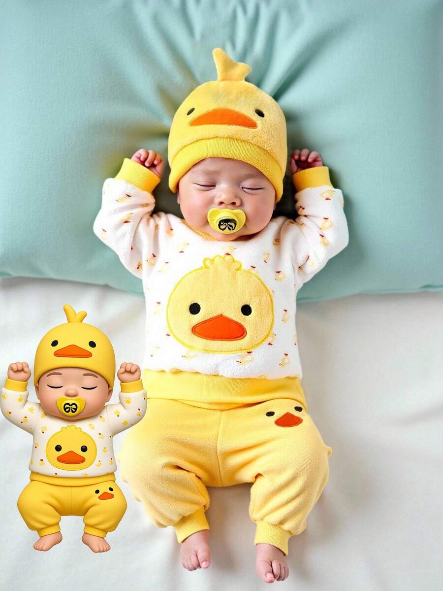 SHEIN 2 pièces/Set Vêtements pour bébé garçon, Top en polaire imprimé canard et poussin mignon + Pantalon en polaire de couleur unie avec chapeau, Tenue décontractée d'hiver