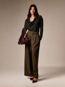 AiiRZ Exaggerated Cowl Neck Long Sleeve Top With Drape Detail For Fall Winter Casual Chic Style - Black - View 3