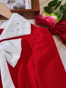 Gaun Remaja Perempuan Bergaya Retro Feminin dengan Kerah Kontras Mutiara dan Hiasan Pita, Lengan Gigot, Pinggang Diikat, dan Hem Mengembang. - Merah - View 8