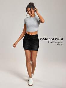 Flexra 女士不对称腰线休闲牛仔铅笔裙 - 黑色 - 查看 5