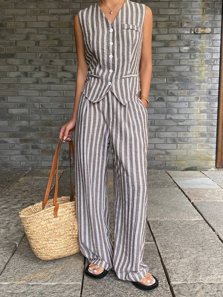 Women's Summer Striped V-Neck Sleeveless Cardigan And Straight Leg Pants 2 Pieces Casual Set