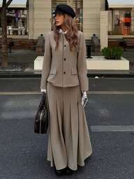 DAZY 女性用秋 ラウンドネック ジャケット&プリーツスカート スーツセット ビジネスアテイア