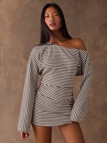 SHEIN BAE 女士通勤时尚不对称领条纹迷你连衣裙 - 咖啡棕 - 查看 3