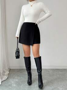 Elenzga 不对称下摆优雅短款羊毛混纺半身裙，女士休闲冬季半身裙，时尚黑色半身裙 - 黑色 - 查看 3
