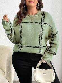 Elenzga Plus Size Casual Plaid Drop Shoulder Loose Knit Sweater, Autumn/Winter