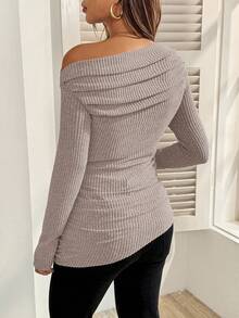 SHEIN Maternity Solid Color Ruched Oblique Shoulder Long Sleeve Ribbed Fitted T-Shirt - Apricot - View 2