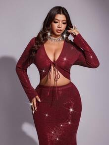 Viva Relle Große Größen sexy rotes paillettenbesetztes Crop Top und paillettenbesetzter Meerjungfrau-Rock Set für Silvester, Partykleid, Abendkleid - Bordeaux - Übersicht 6